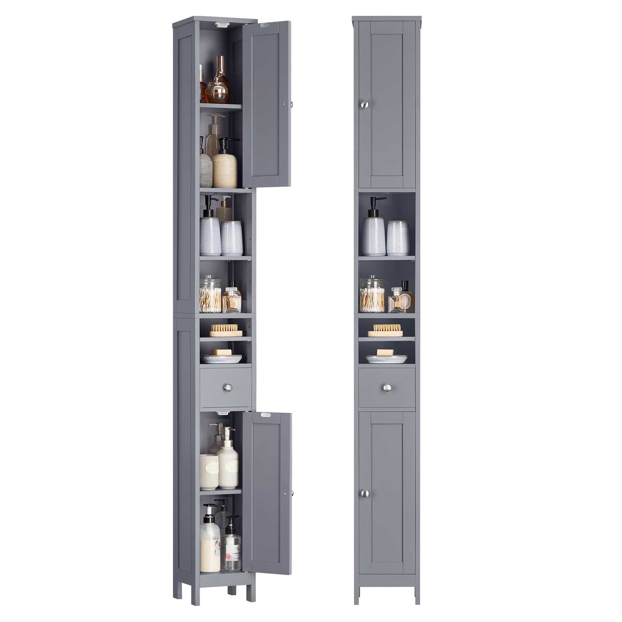 Slim Freestanding Bathroom Cabinet with Adjustable Shelves and Drawer, Dove Grey
