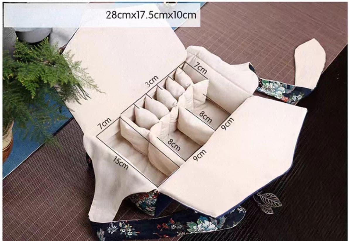 Cotton Linen Tea Set Storage Bag - Portable Travel Case with Lattice Divider for Teapot & Teacups, Handmade Retro Handbag for Outdoor Tea Ceremony(A)