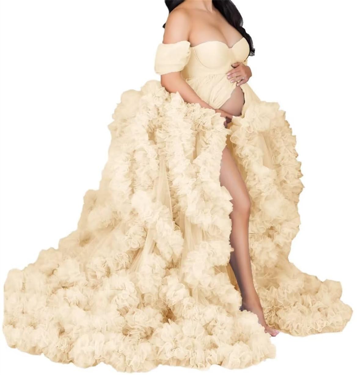 AHERKLL Women's Long Bridal Robes Tulle Lingerie Maternity Bathrobe Photoshoot Illusion Wedding Scarf Party Nightgown ZM004 Champagne UK16