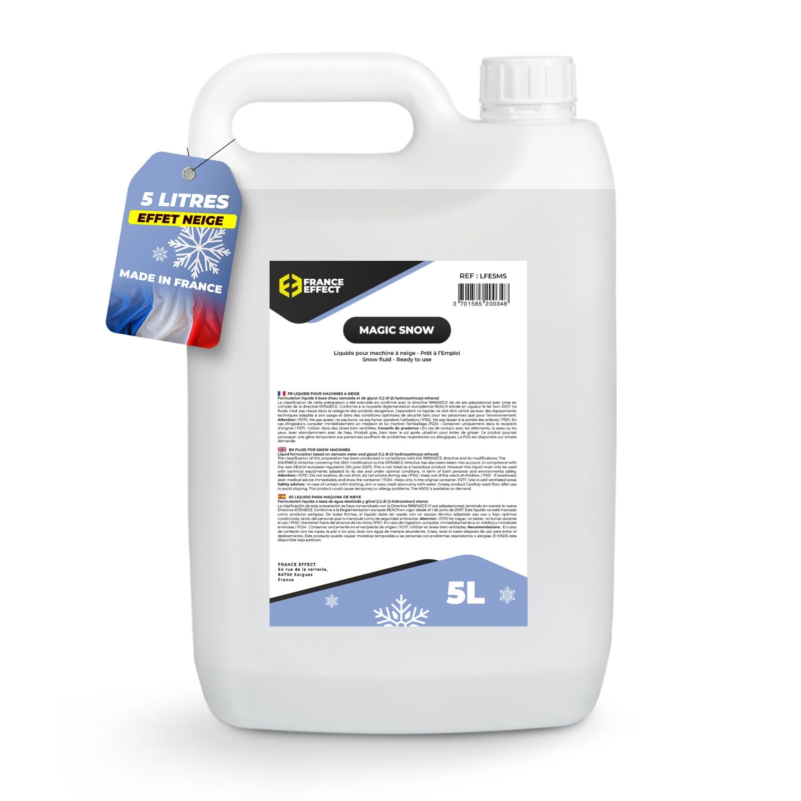 France Effect Liquide à Neige Prêt à l'Emploi - Magic Snow® 5 Litres - Biodégradable. Inodore. Economique. Fabriqué en France.