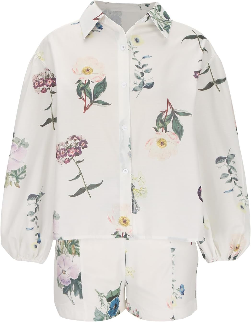 Saxrel Womens 2 Piece Outfits Long Sleeved Tops High Waist Shorts Linen Set Lounge Wear S… thumbnail 5