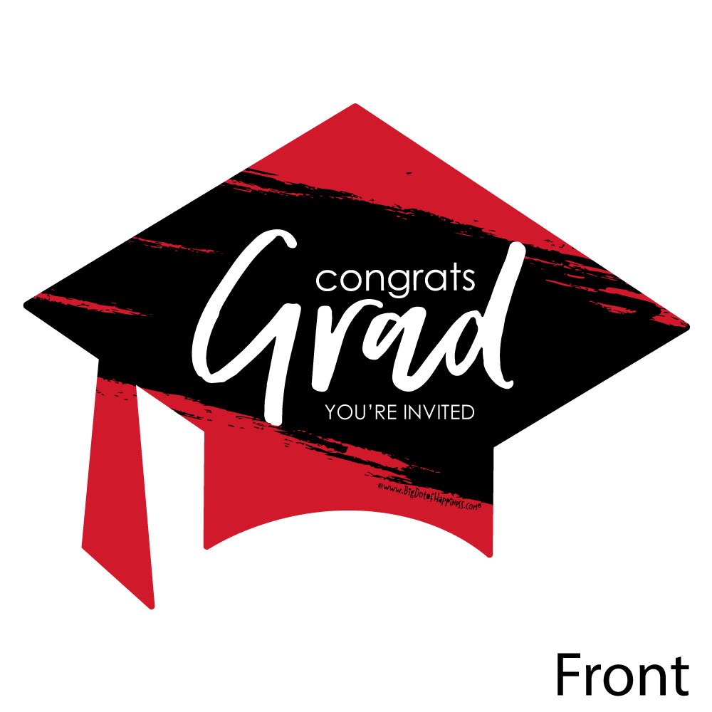 Big Dot of Happiness Red Graduation Party Invitations - Shaped Fill-In Invite Cards with Envelopes - Set of 12