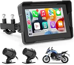 Multimídia para Motocicletas, Multimídia para Moto com 2 Câmeras, Tela Sensível Ao Toque de 5'' IPS 1080P, Conexão sem Fio, Suporte para Carplay Moto