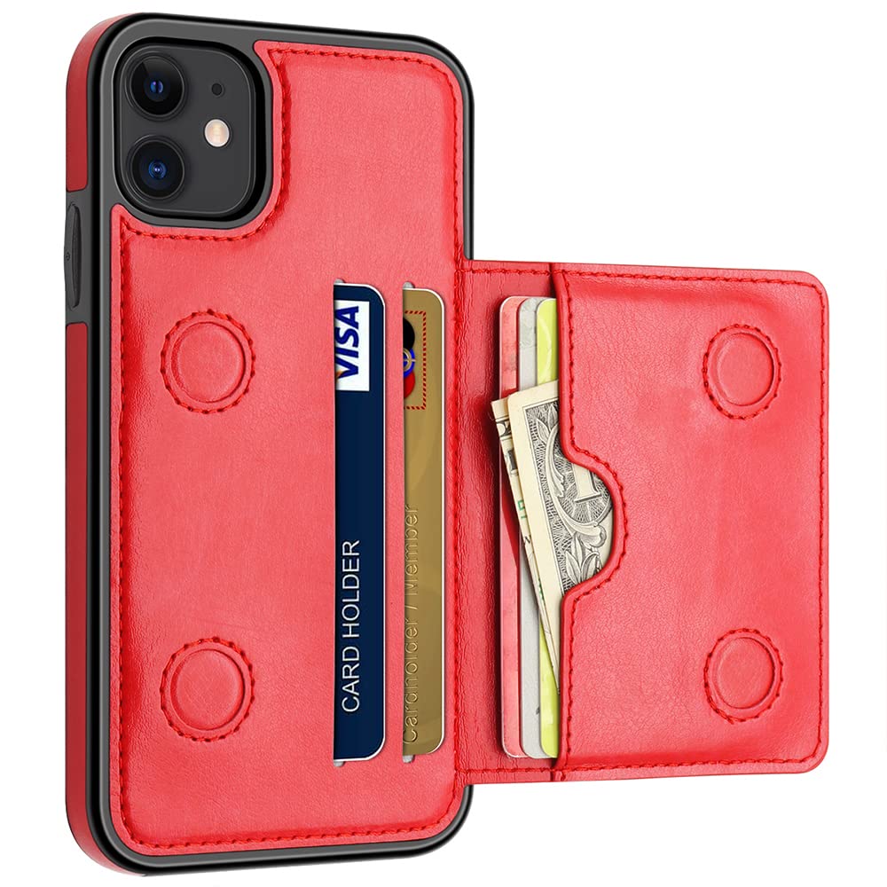LakiBeibi Case for iPhone 11 Case with Card Holders, Dual Layer Lightweight Slim Leather iPhone 11 Wallet Case Flip Folio Magnetic Lock Protective Case for Apple iPhone 11 6.1 Inch (2019), Red