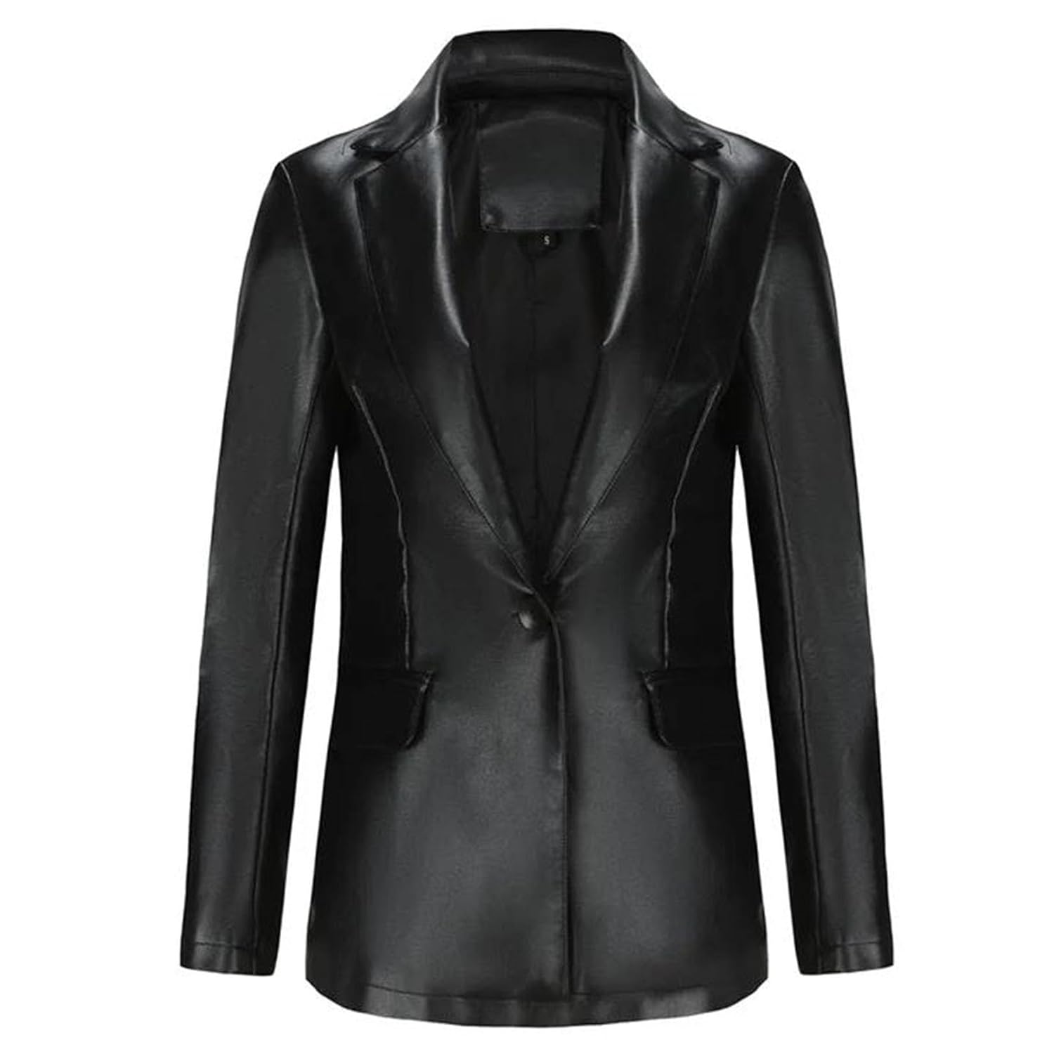 Womens Single Button Pu Leather Blazer with Pockets Sim Fit Notched Lapel Professional Suit Jackets for Work Office