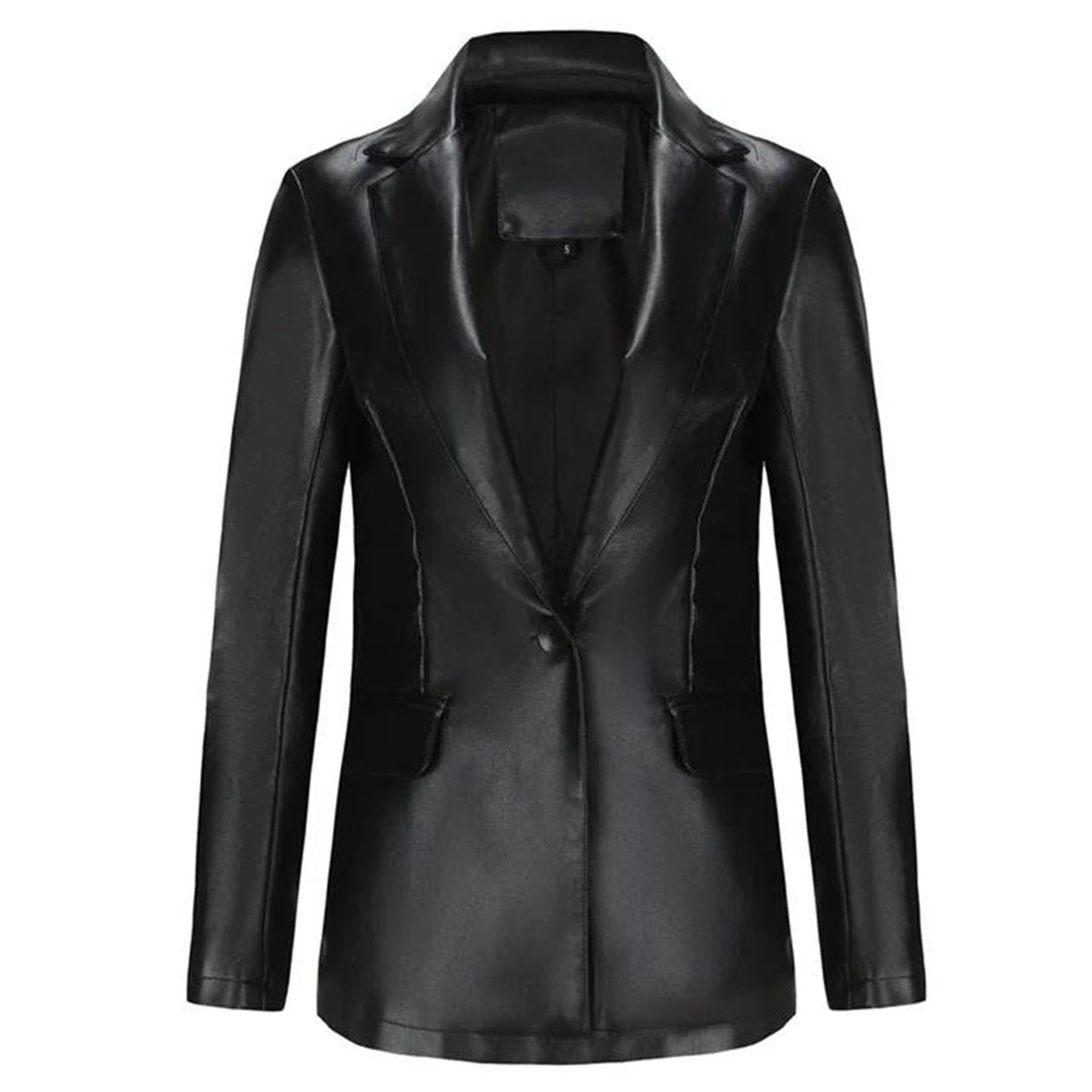 Womens Single Button Pu Leather Blazer with Pockets Sim Fit Notched Lapel Professional Suit Jackets for Work Office