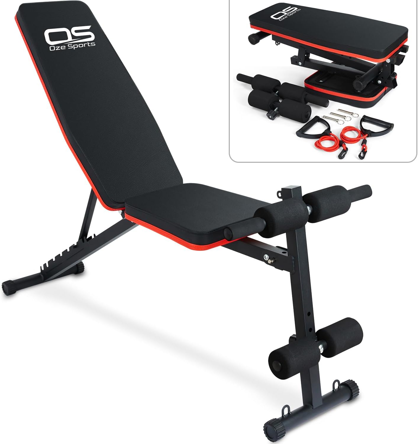 OZE SPORTS Adjustable Weight Bench - Utility Incline Decline Flat Foldable Bench Press sit up for Full Body Workout Home Exercise Gym Equipment – 7 Adjustable Positions & 2 Training Straps