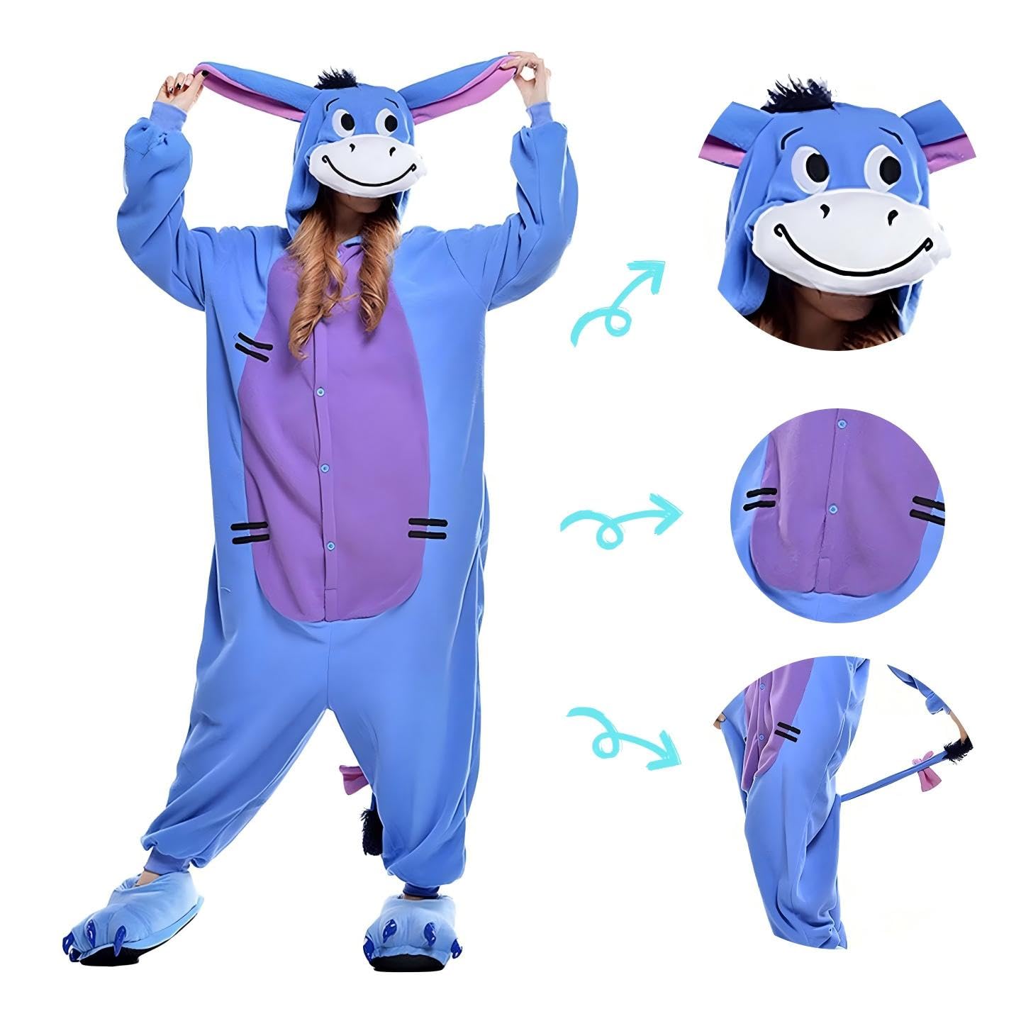 Disfraz de animal unisex para adultos, disfraz de Halloween, pijama Eeyore color azul