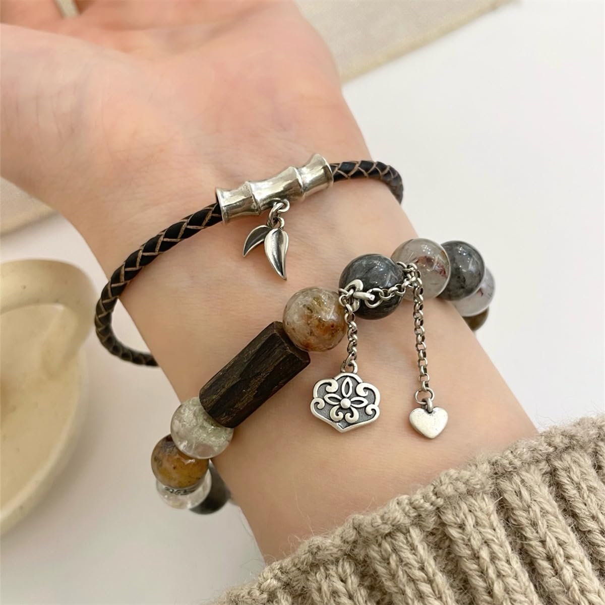 Generisch Armband Aus Sterlingsilber Und Bambus Für Damen, Natursteinarmband Mit Lotusquaste, Echtlederarmband, Vintage Glücksschmuck, Geschenkidee Für Damen Und Herren