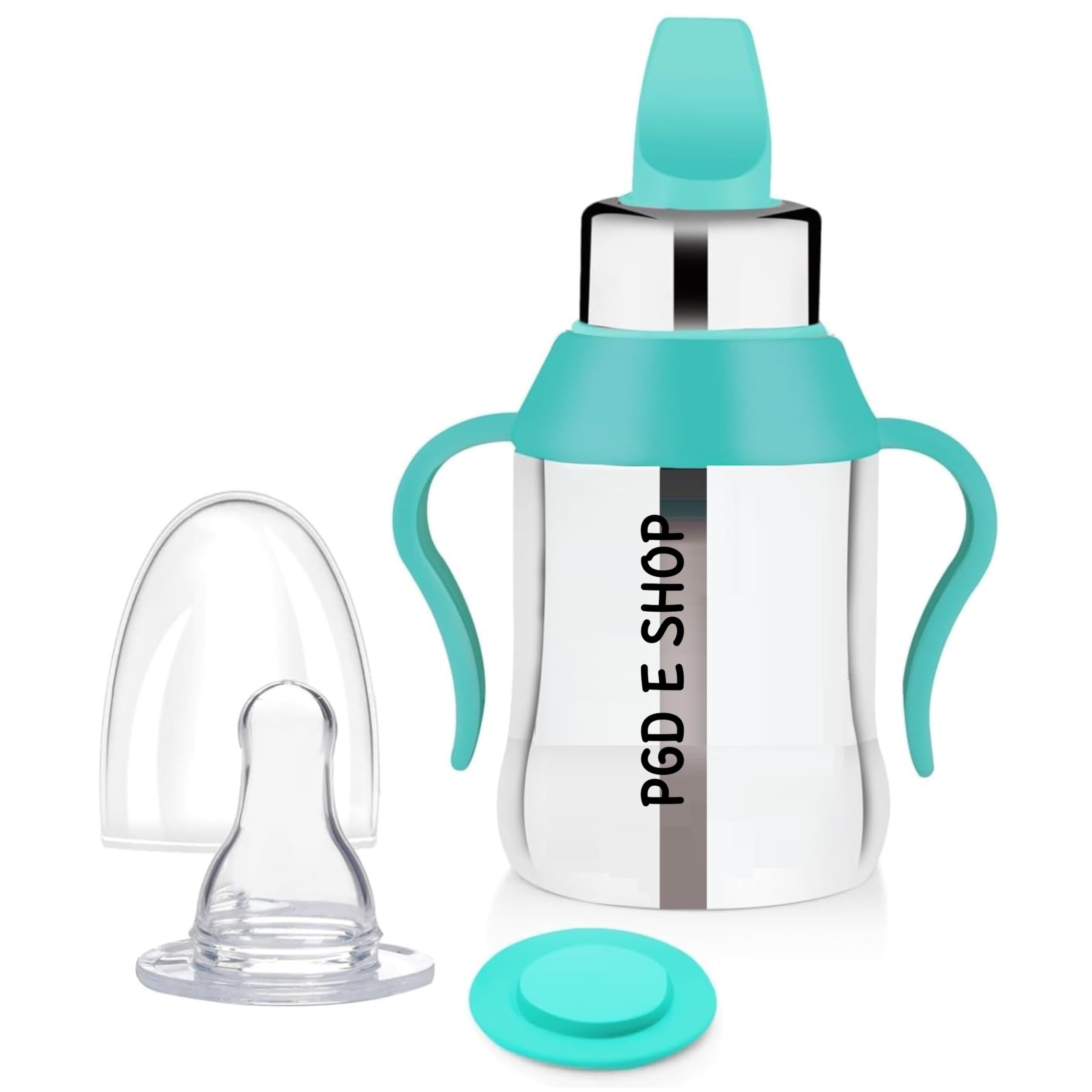 PGD Multiuse Premium Stainless Steel Baby Water Feeding Bottle Sipper Cup with Twin Training Handle, Nipple, Spout for Newborns, Infants, Toddlers, and Children