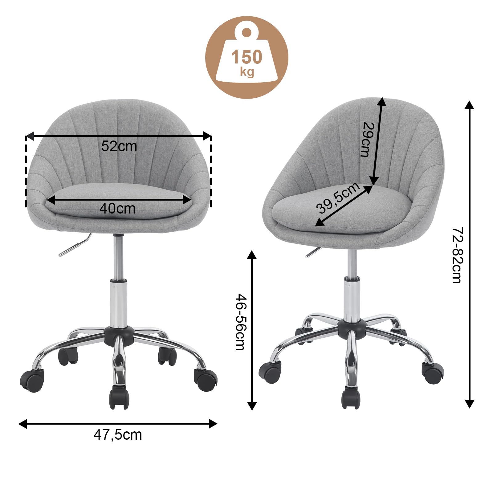 WOLTU Homeoffice Stuhl, Schminkstuhl, Schreibtischstuhl Grau, Leinen | Dicke bequeme Doppelpolsterung, Schaumstoffpolsterung, Drehstuhl mit Rollen, 150 kg, für Arbeitszimmer Schlafzimmer