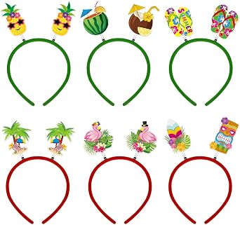 Tropical Fun Headbands Set 6 designs including pineapple, watermelon, flamingo, coconut, flip flops, and tiki for beach parties, Hawaiian luau, vacations, poolside, BBQ, and themed celebrations.
