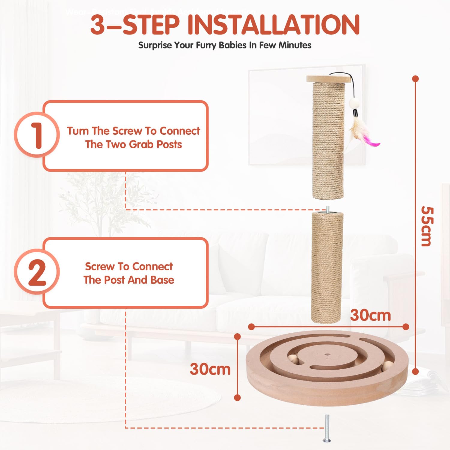 Nobleza Poste Rascador para Gatos con Base de Madera y Bolas, Árbol Rascador de Sisal Natural con Pluma, Juguete Interactivo 3 en 1, 55x30 cm