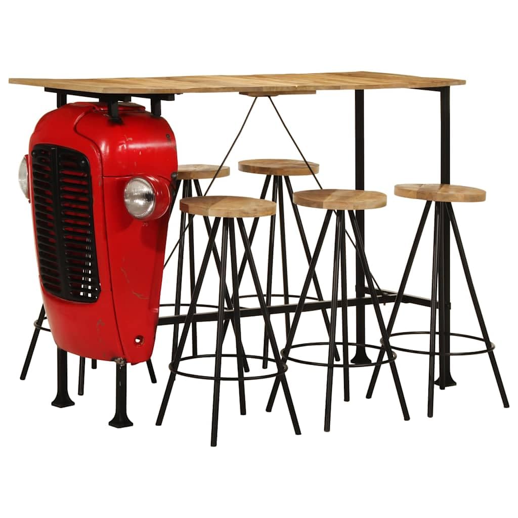 7-TLG. Bar-Set Massivholz Mango mit pulverbeschichtetem Stahlgestell, 120x55x107 cm, 6 Barhocker, industrielles Traktor-Design, platzsparend für Küche Esszimmer Wohnzimmer
