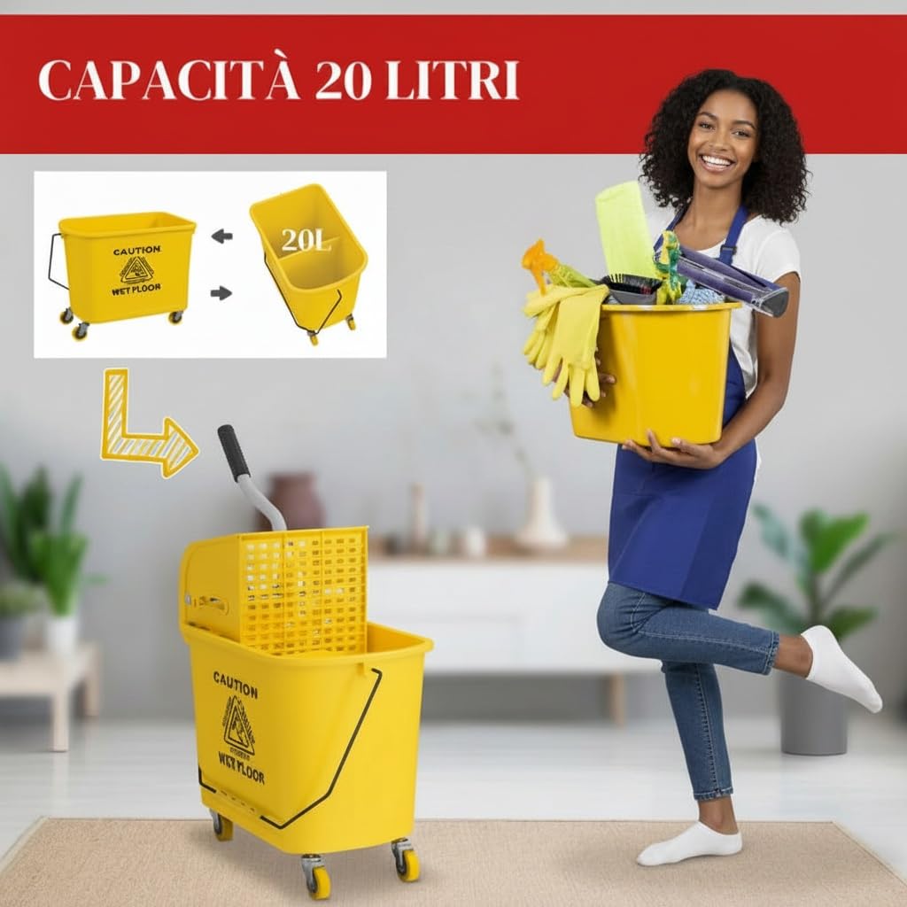 Carrello Mocio Professionale in Plastica, Giallo, 60x70,5 cm, con Strizzatore Integrato e Pannello Divisorio, 20L