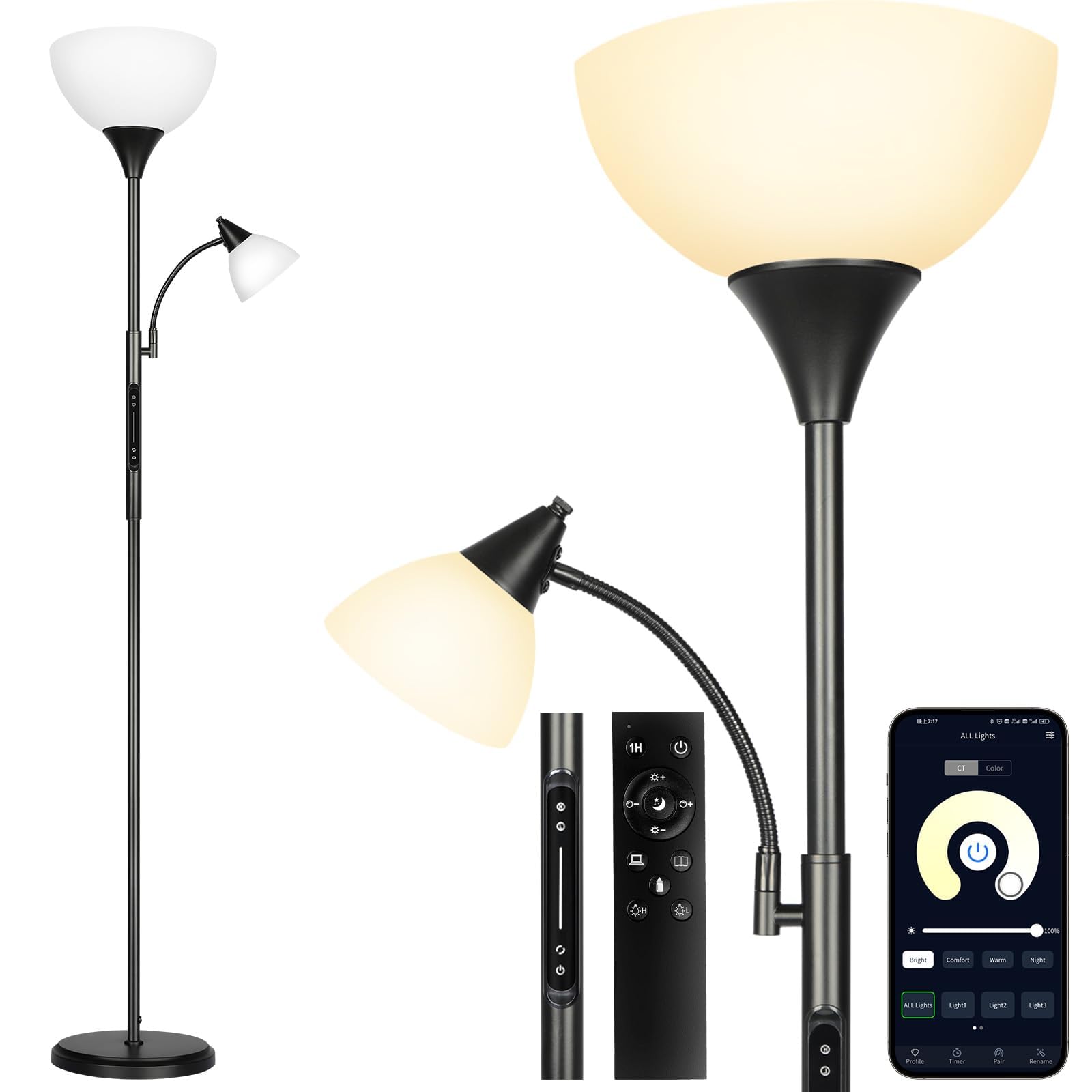 OUTON LED Dimmable Floor Lamp with Touch Control & Remote & App Control, Uplighter Mother and Child Floor Lamp with Reading Lamp, 1 Hour Timer, Tall Standing Lamp for Living Room, Bedroom, Office