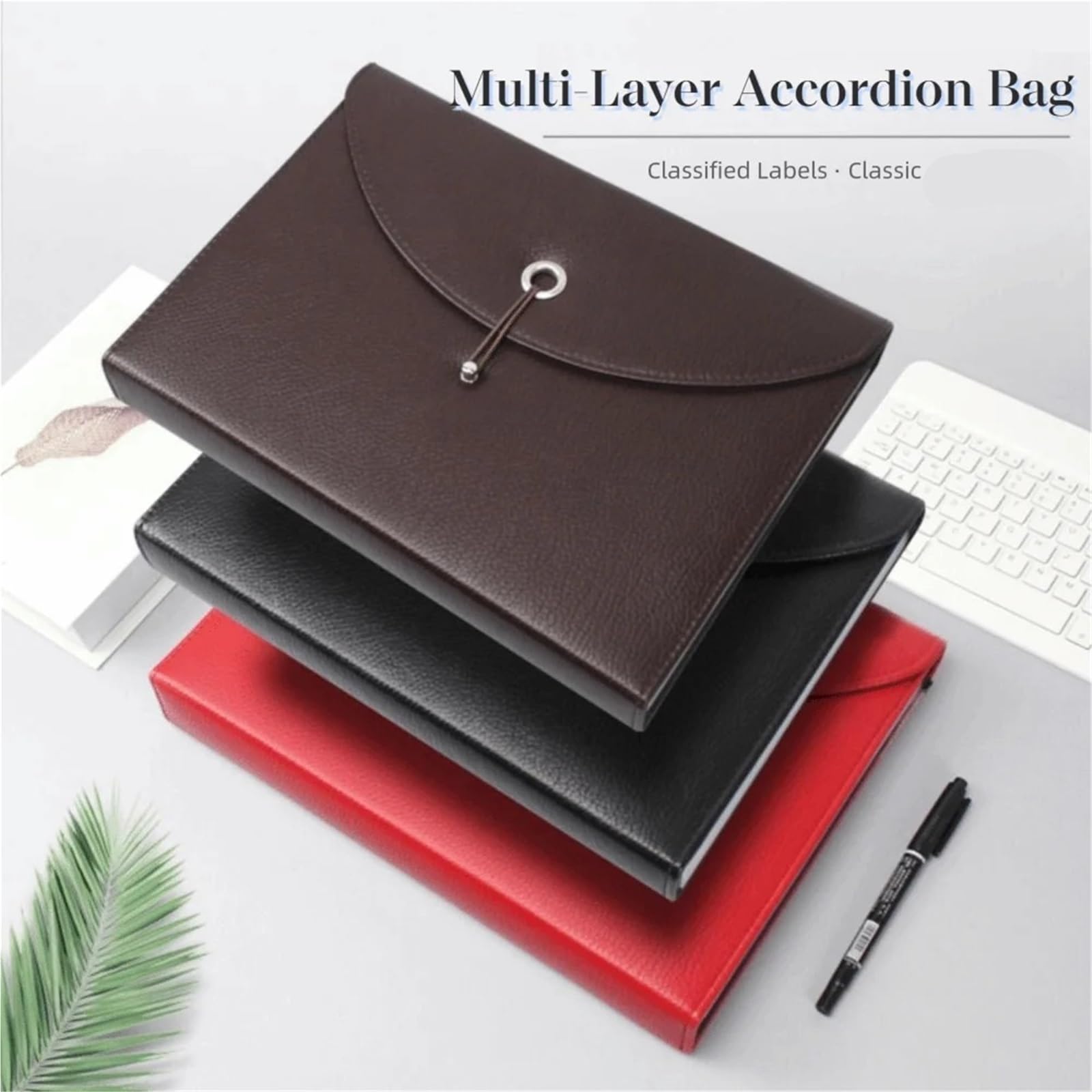 Portadocumenti A4 in Pelle PU Borsa portadocumenti in pelle PU impermeabile con 13 tasche, portadocumenti espandibile, portatile, multifunzionale, formato A4(Black)