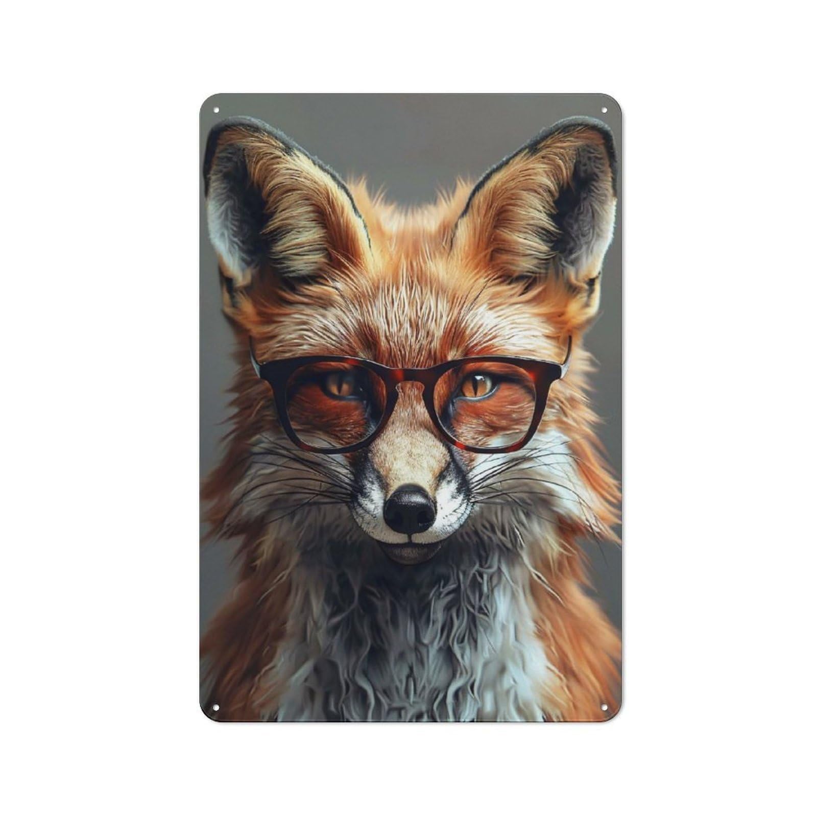 Junmoney Style-7 Fox Wearing Glasses Rustic Metal Wall Sign 30X20cm For Bar Or Restaurant, A Decorative Metal Sign For Bars And Restaurants