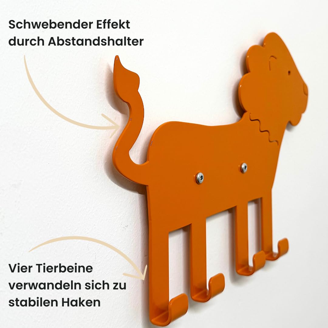 ABIMI Kindergarderobe Löwe aus pulverbeschichtetem Stahl – 4 Haken als Tierbeine – Wandgarderobe für Kinderzimmer & Flur – robust, durchdacht & mit Sorgfalt gefertigt – 32 × 22 × 2 cm