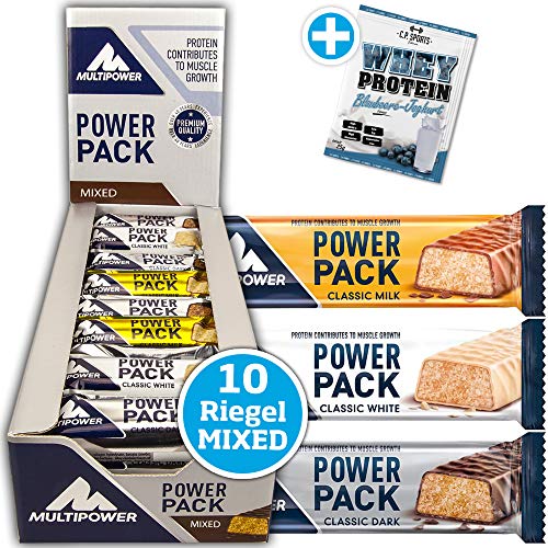 Multipower Power Pack Classic Dark, Milk, White MIX BOX 10 x 35g Protein Riegel in 3 Geschmacksrichtungen mit 30% Proteingehalt + 1 x C.P. Sports Whey