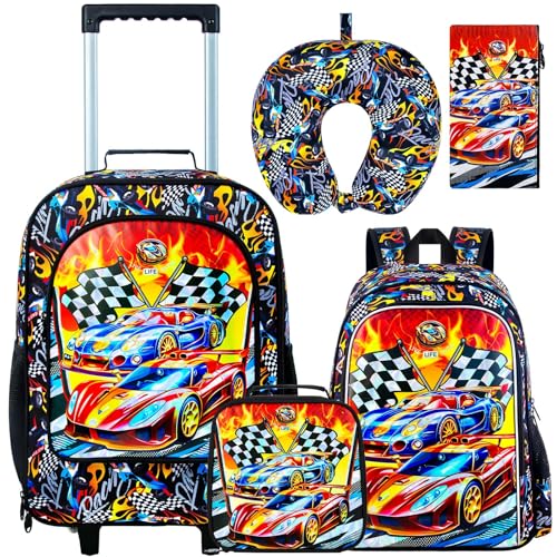 5PCS Boys Suitcase Set, Kids Water-Resistant Rolling Luggage, Cool Car Racing Travel Carry-On for Elementary/Preschool Toddler