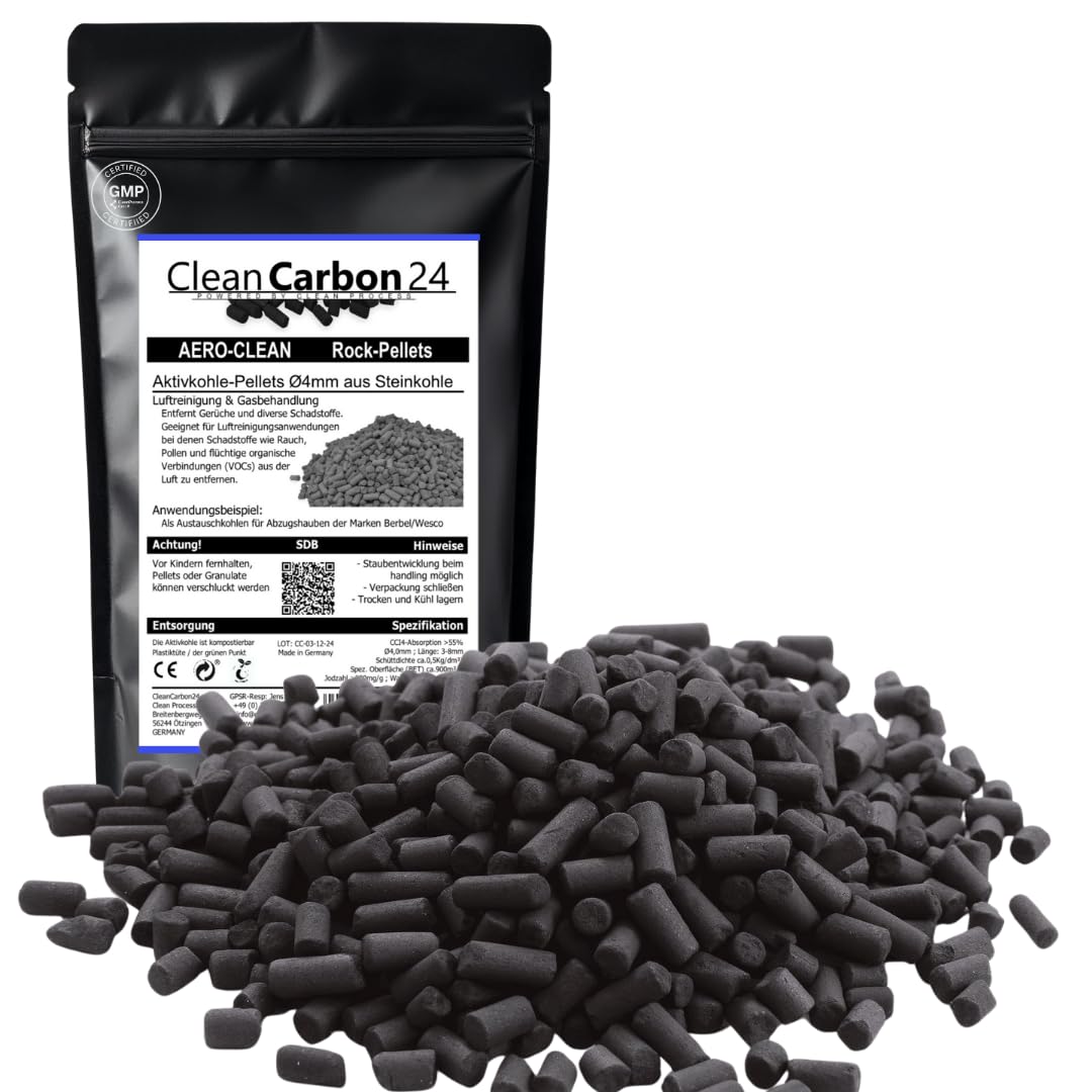 CleanCarbon24® 1 litre pellets de carbón activado de 4 mm; Repuesto técnico para filtros de aire y humo; Adsorción física sin químicos; Ideal para mejorar la calidad del aire interior; desempolvado