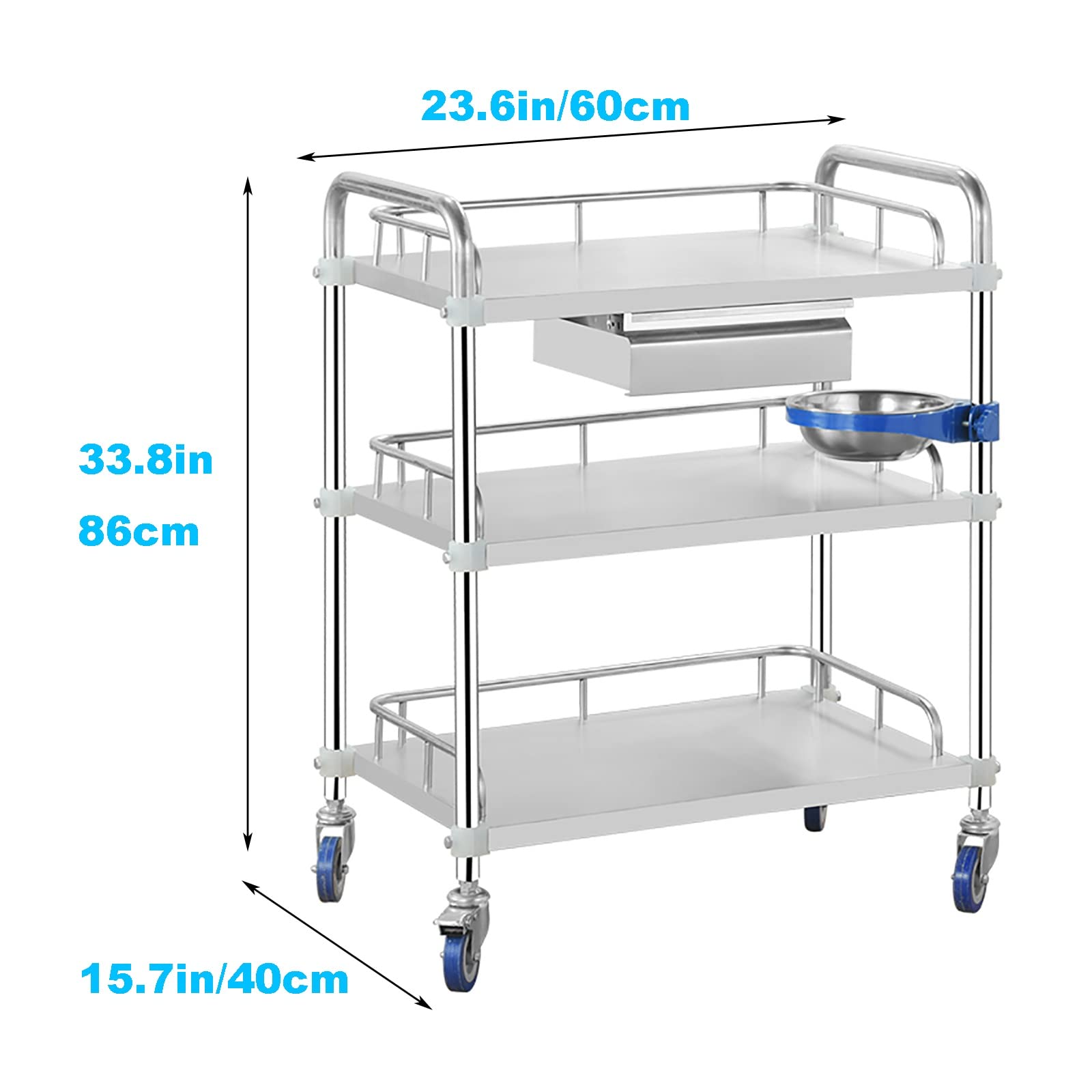 Laborwagen mit Schublade, Servierwagen Edelstahl, 2/3 Lage mit 360° Drehbarem Silentrad, Maximale Belastung 100 Kg, Geeignet für Labore, Zahnkliniken, Schönheitssalons usw (4 Größen)