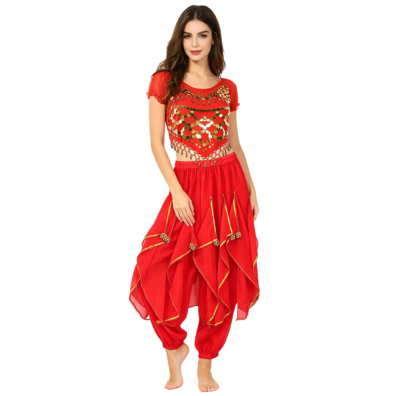 Baisdan 2 Piece Belly Dance Costume for Women, Jasmine Costume Adult Crop Top Harem Pants Set for Arabian Indian Halloween Carnival Dance Performance Red