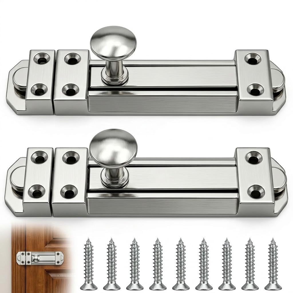 2PCS Polished Chrome Door Bolt 100mm/4inch for Internal Doors Surface Mounted Slide Lock Easy Install Security Latch for Securing Internal Doors for Bedrooms Bathrooms Cupboards and Storage Units