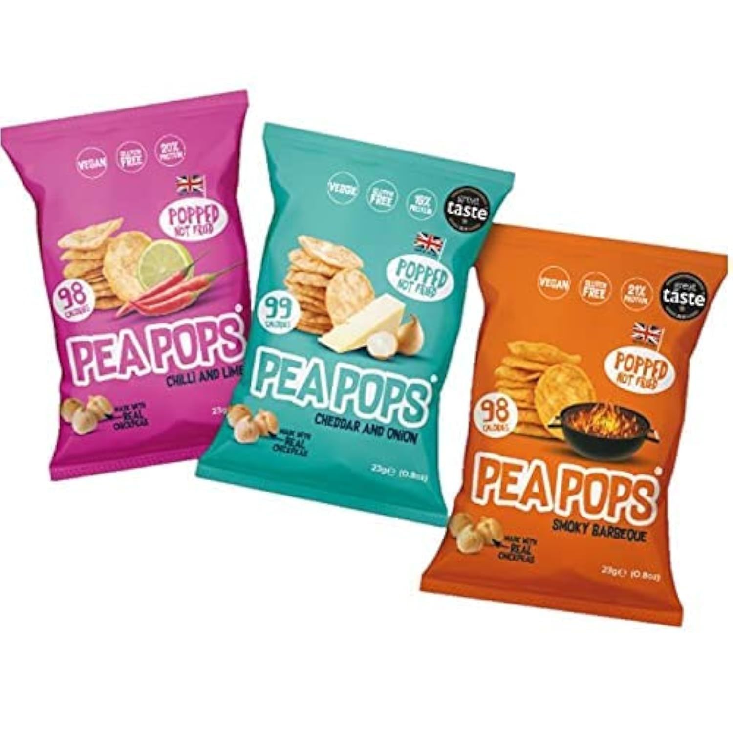Pea Pops Healthy Protein Chips - Delicious Chikpea Crisps Less Fat, Low Calorie, Gluten Free, Veggie Protein Snacks, Popped Protien Chips (Not Fried) 23g PACK of 6 (Variety Pack)