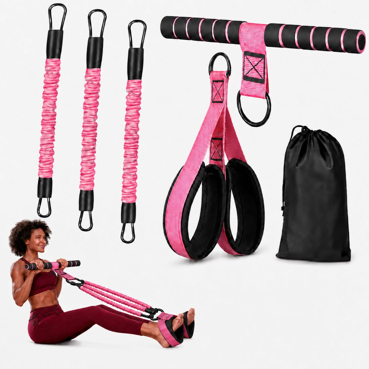 PCIQUTE 3-Tube Pedal Resistance Band with Handles, Adjustable 30-90 lb,Full-Body Workout in 10 Min — Widened Pedal, Latex Core, Fabric Protection