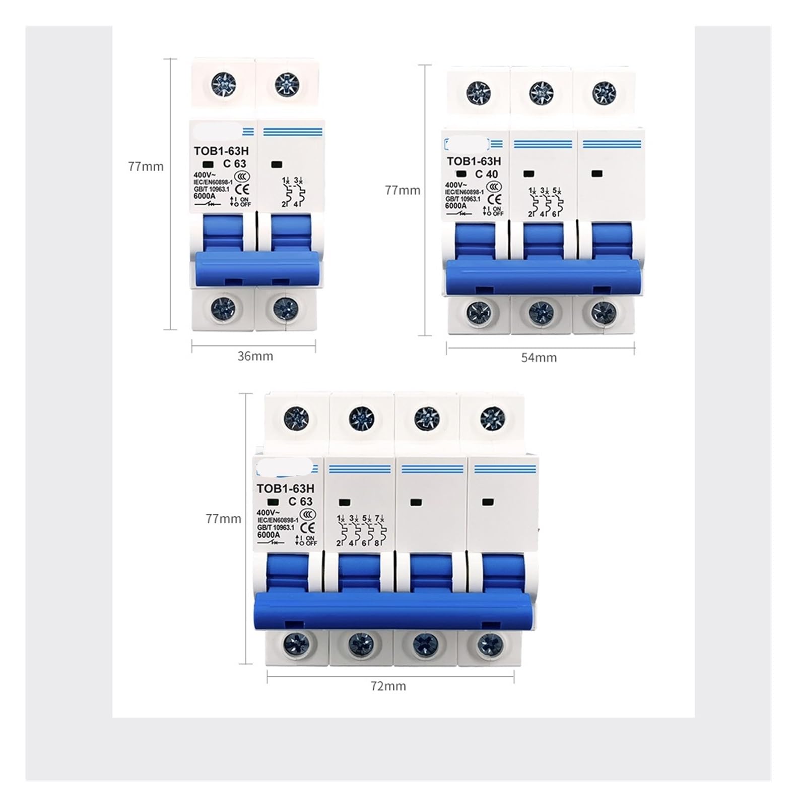 Interruttore magnetotermico 3P AC TOB1-63H Curva C 230/400V~ 50HZ/60HZ(20A)
