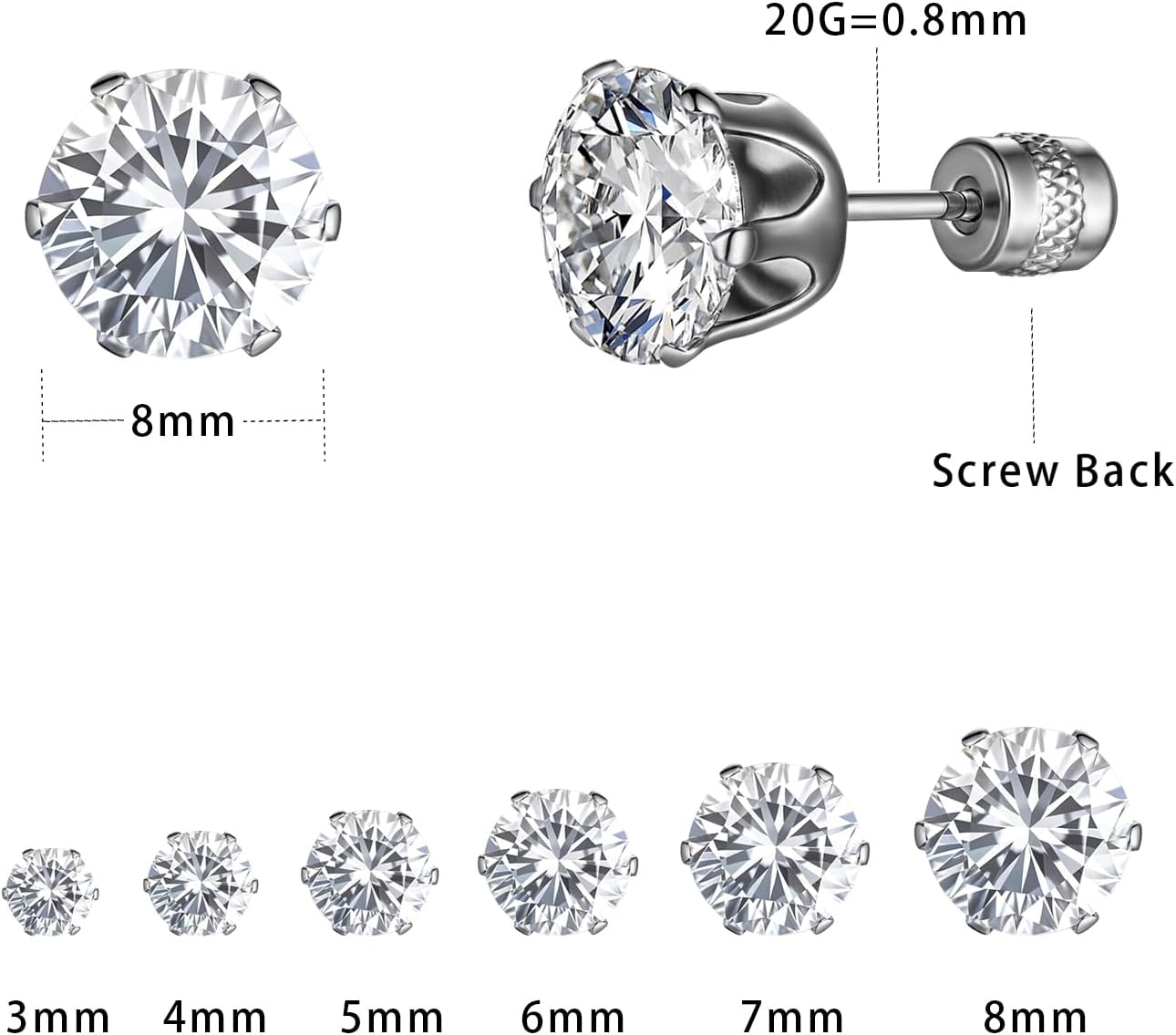 VOLUKA Cubic Zirconia Stainless Steel Screw Flat Back Earring - Hypoallergenic Stud Earrings for Women & Men - 316L Titanium CZ Stud Earrings for Nickel-Free, Trendy & Elegant - Image 2