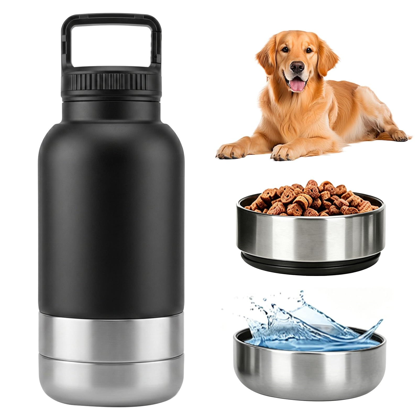 3-in-1 Portable Dog Water Bottle with Double Bowls, 32oz Large Capacity Travel Water Bowl for Dogs, Leak Proof Pet Water Dispenser for Walking, Hiking and Outdoor Camping, Black