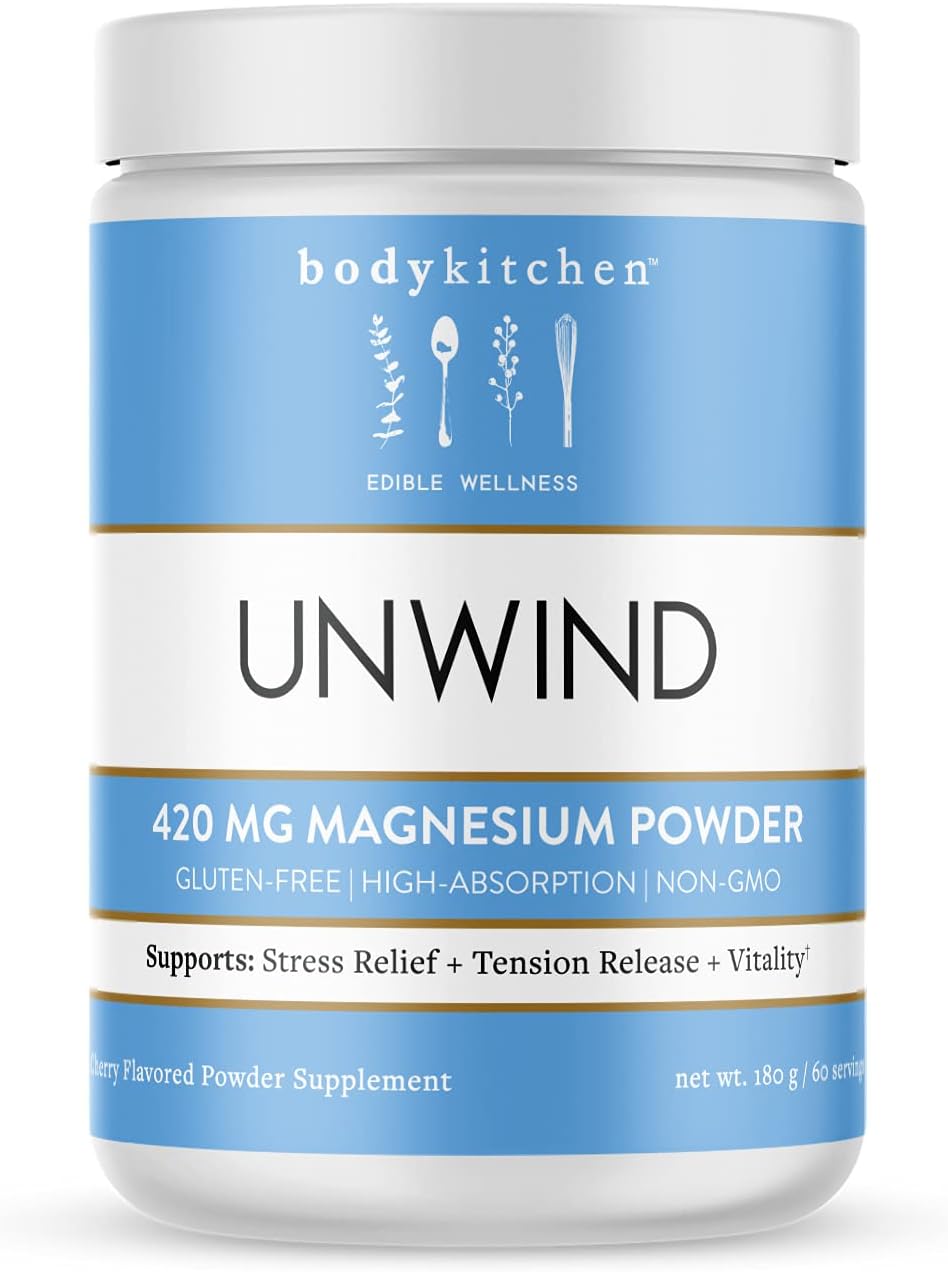 Body Kitchen Unwind, Dimagnesium Malate, Magnesium Bisglycinate 420mg, Anti-Stress Magnesium Supplement Drink Mix Powder - Cherry, Vegan, Gluten Free and Non-GMO, 60 Servings