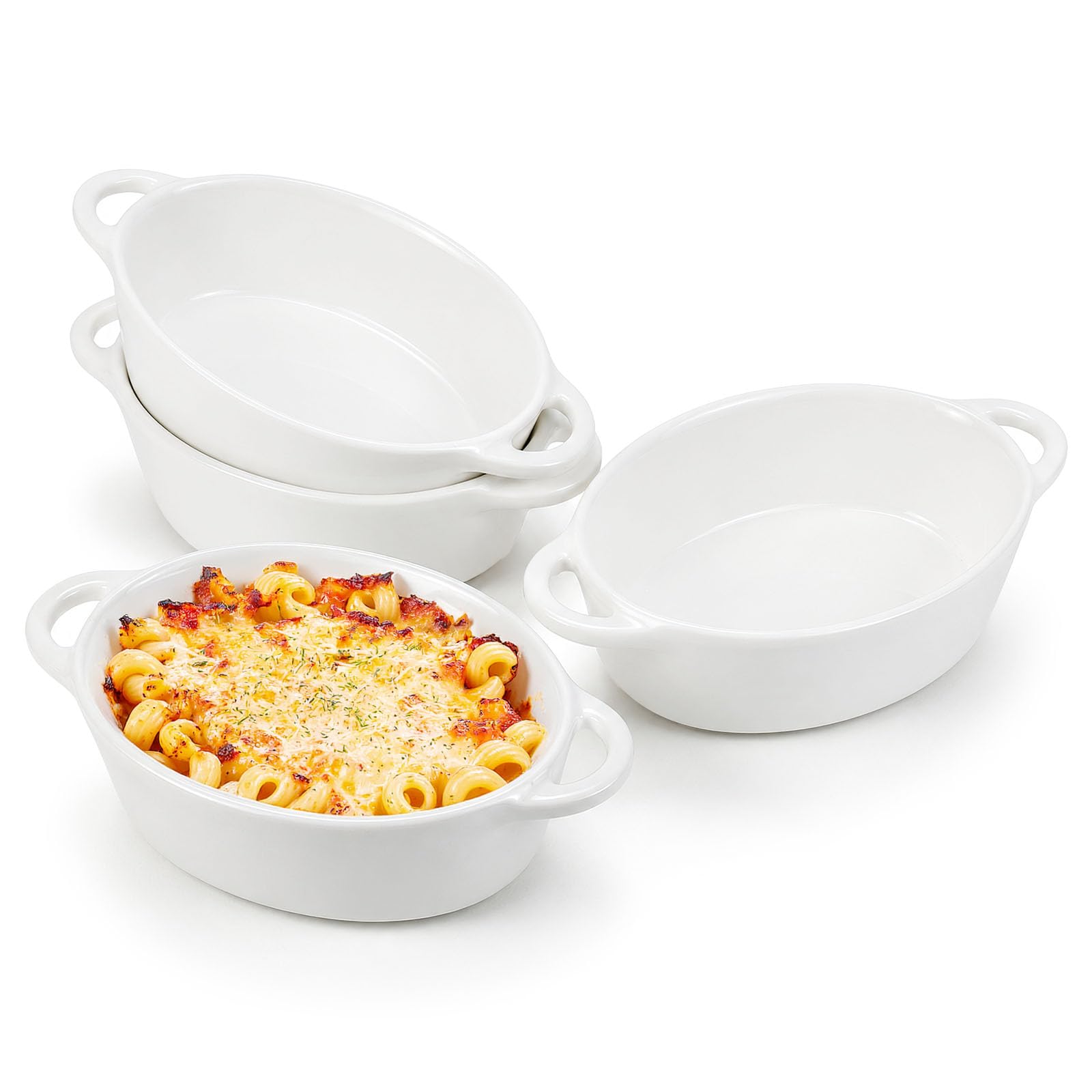 4 Pack Oval Au Gratin Baking Dishes, 10 oz Oven Safe Ceramic Baking Dishes with Double Handles, Souffle and Gratin Dishes for Baking, Serving and Microwave Use, White