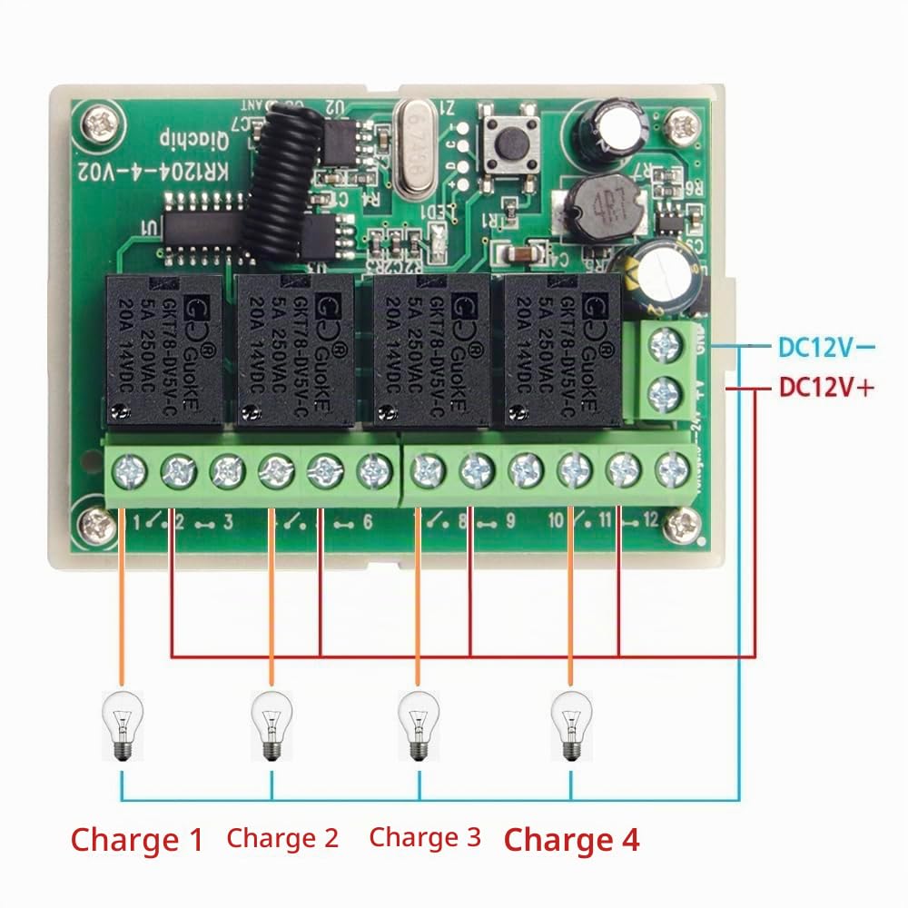 QIACHIP Commutateur de télécommande sans fil 6V 12V 24V, récepteur de Relais RF 10A 4CH 433Mhz avec 2 émetteurs pour Moteur, Porte de Garage, lumière, Rideau électrique, Bricolage