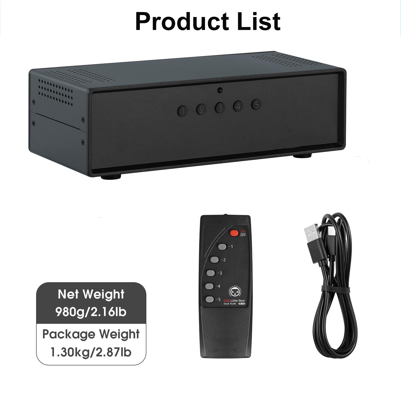 Switch bilanciato XLR a 5 Porte, convertitore Audio bilanciato 5 ingressi e 1 Uscita con Telecomando e Porta XLR placcata in Oro, per confrontare Rapidamente Diverse sorgenti Audio, per studi