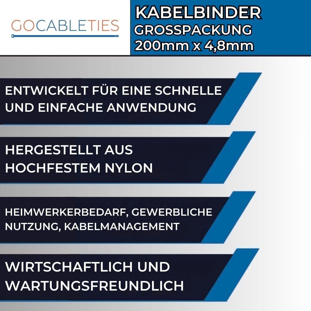 Gocableties Kabelbinder Schwarz 13000 Stück 200 x 4,8 mm UV-beständig