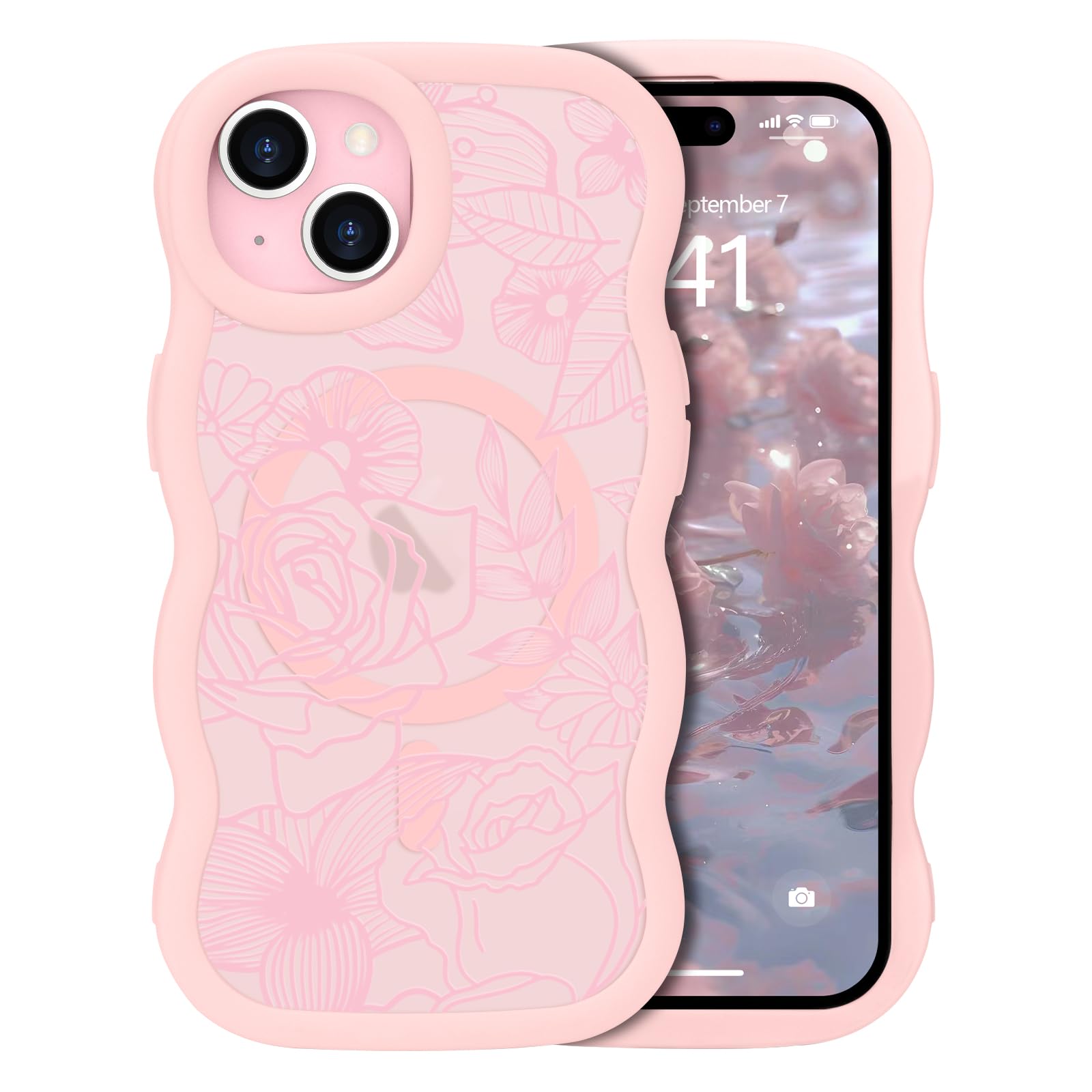 L-FADNUT for iPhone 14/13 Case Compatible with Magsafe Cute Curly Wave Frame Case with Flower Pattern for Women Girls, Clear Slim Protective Phone