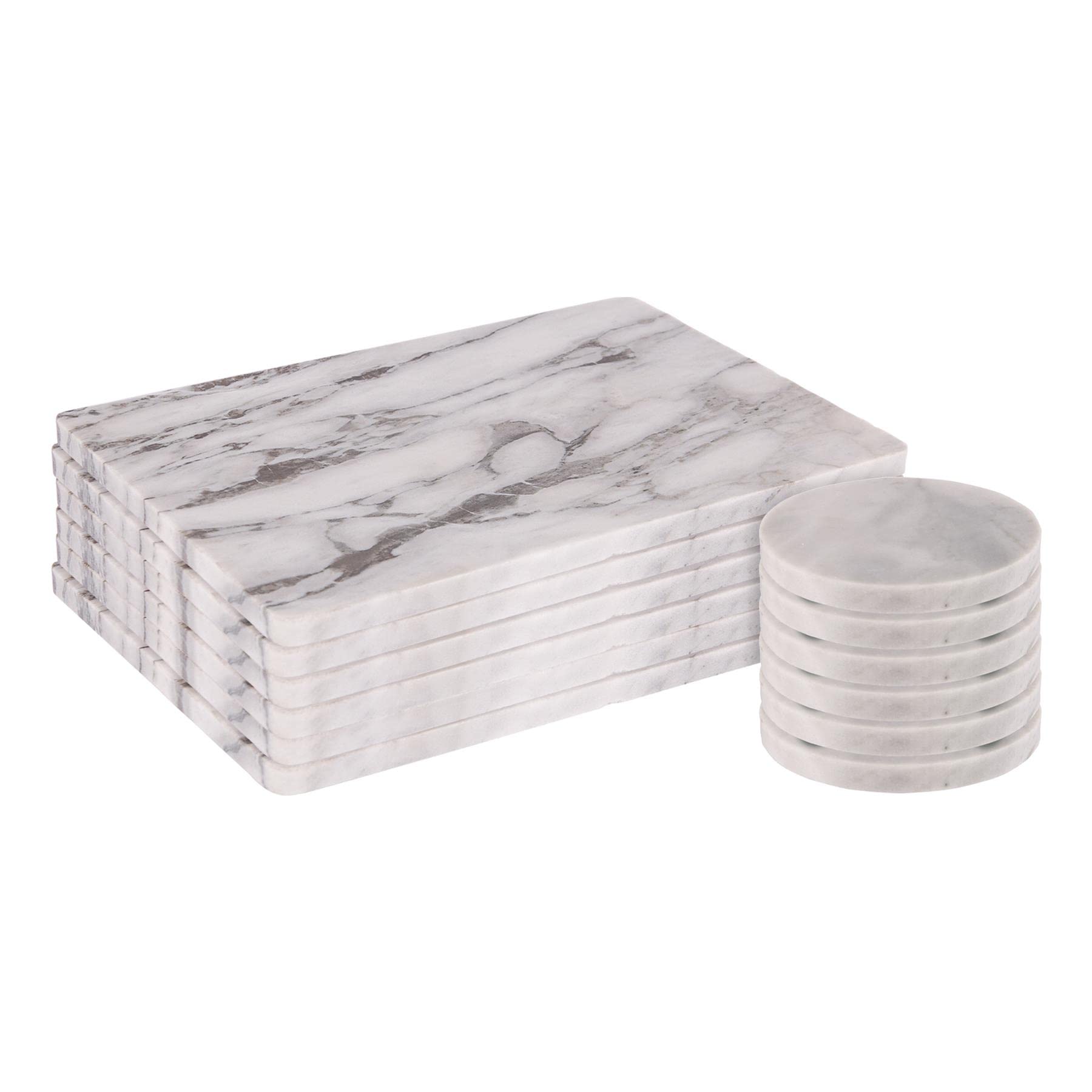 Argon TablewareMarble Placemats & Round Coasters Set - 12pc - White - Kitchen Dining Table Mats Bar Drinks Coaster Protector Place Mats for Home, Restaurant Catering