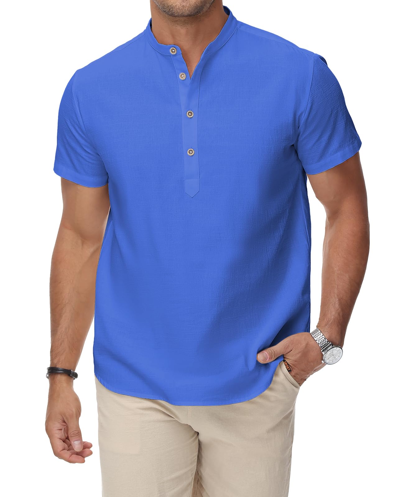 HMIYA Herren Sommerhemd Baumwolle Leinen Kurzarm Hemd Herren Henley-Kragen Lässiges Regular Fit Shirts
