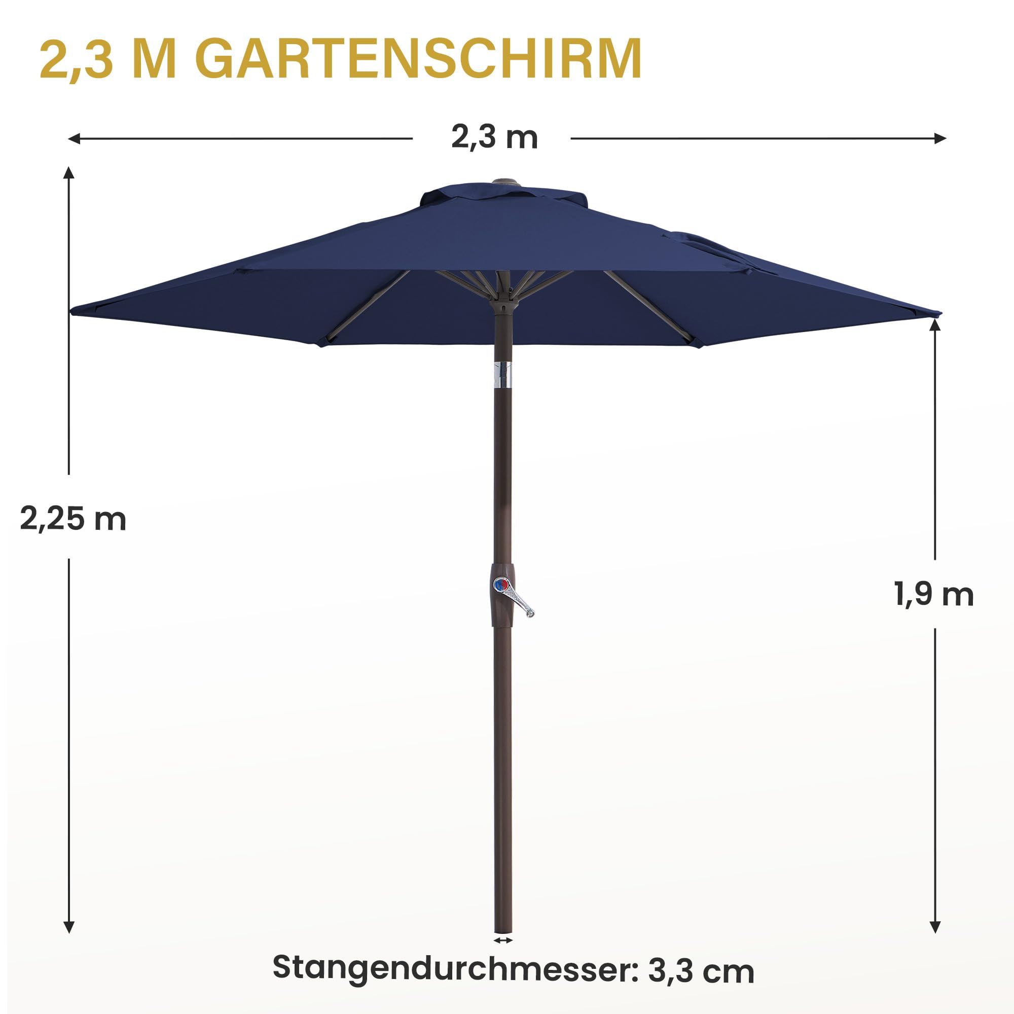 Palawano 2.3m Sonnenschirm, Neigbarer Gartenschirm mit Kurbel & Eisenmast, UV Schutz UPF 50+, Belüftetes Design, Sonnenschirm für Garten, Terrasse, Balkon & Strand, Marineblau