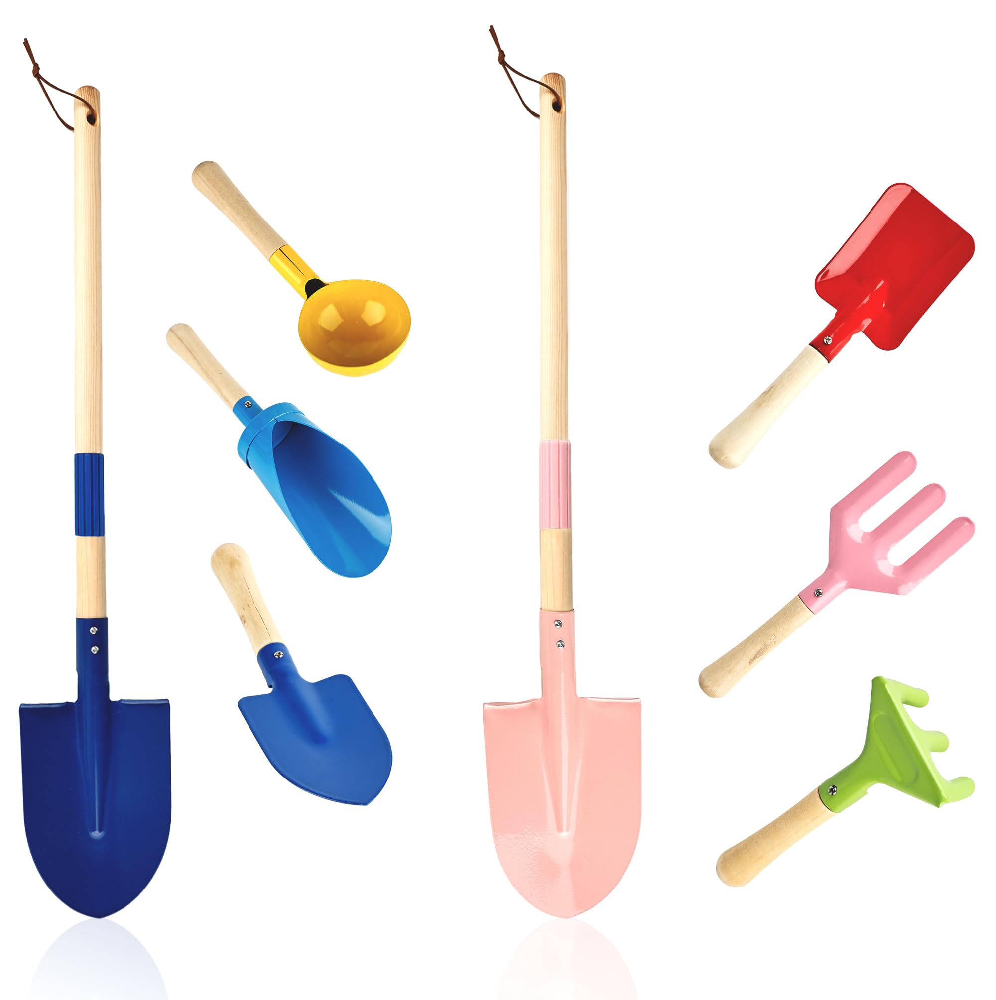 8 Pieces Kids Beach Sand Tools Metal Beach Spoon, Trowel, Rake, forks, Flat and Pointed Shovel Sand Digging Buckets with Sturdy Wooden Handle for Children Beach Gardening Use