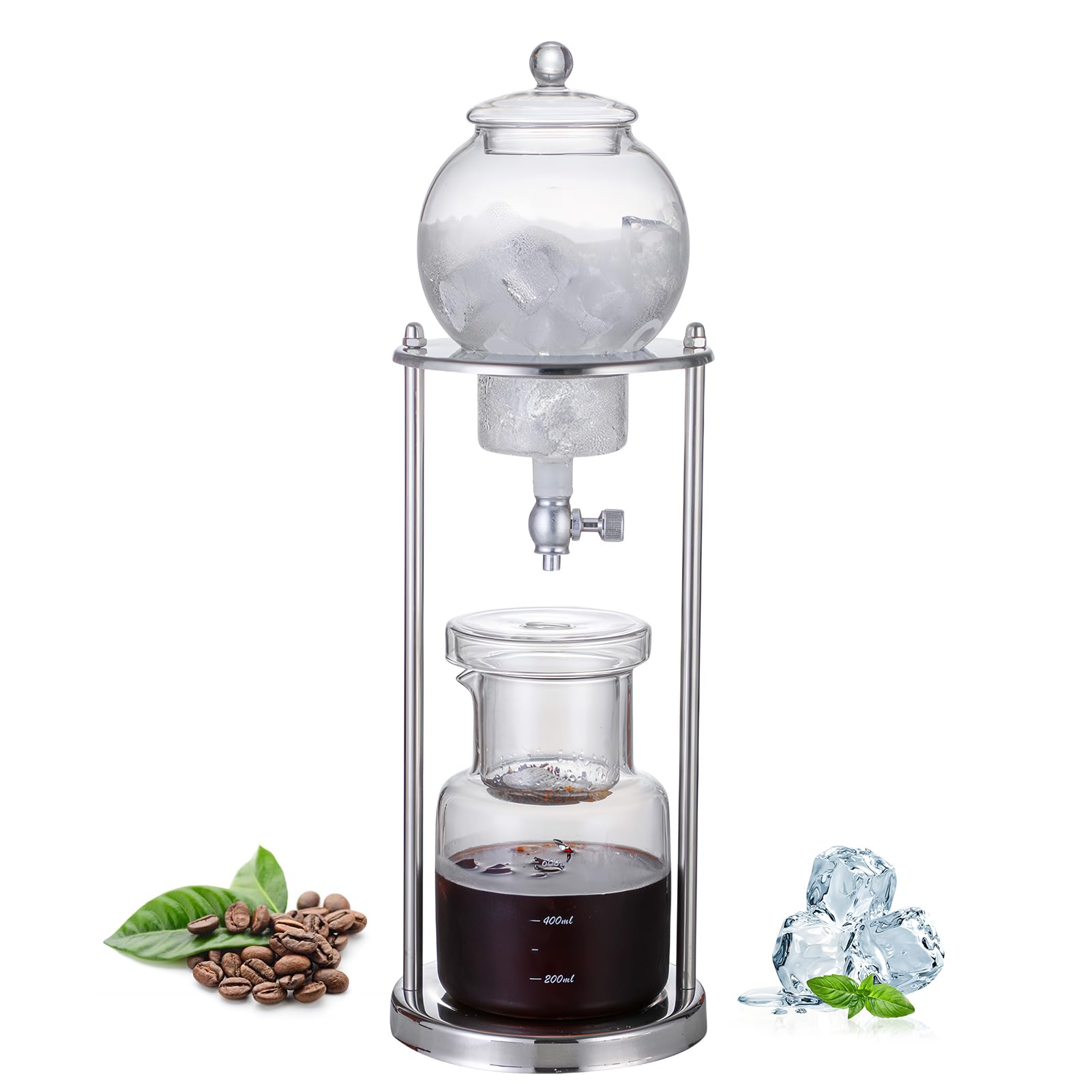 Cold-drip-kaffeemaschine, Cold Brew Tropfturm, Ice Cold Brew Dripper Kaffeemaschine, Wiederverwendbarer 600 ML Glasfilter Transparenter, Edelstahlständer DIY Coffee Maker Glaskaraffe
