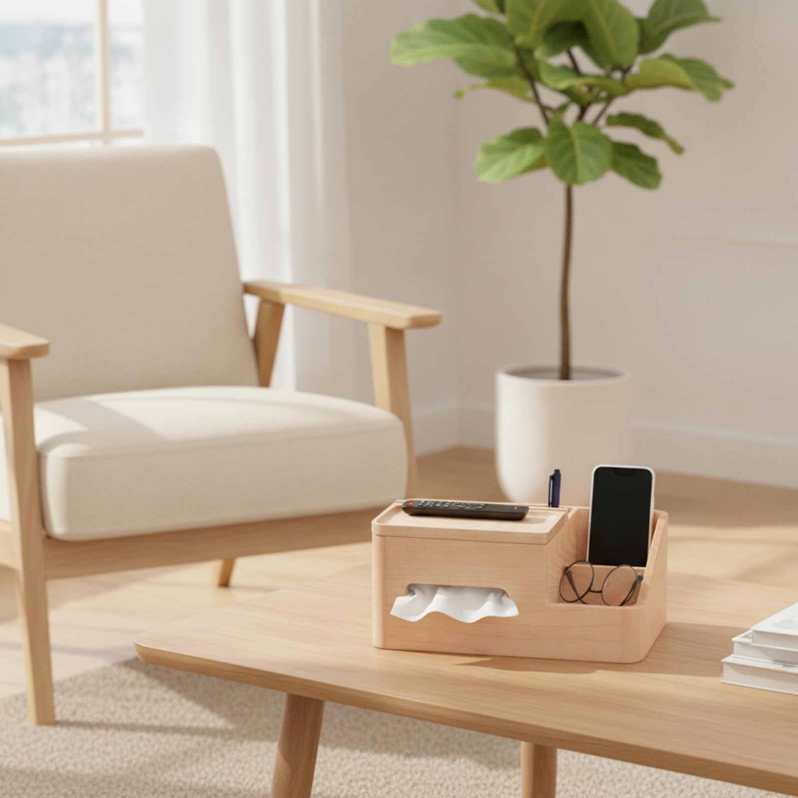 Baoblaze Porta Fazzoletti da Scrivania Scatola Porta Tovaglioli Distributore Organizer in Legno Multifunzionale E Supporto Telefono in Adatto per Scrivania, Noce, Legno Naturale, Scuro