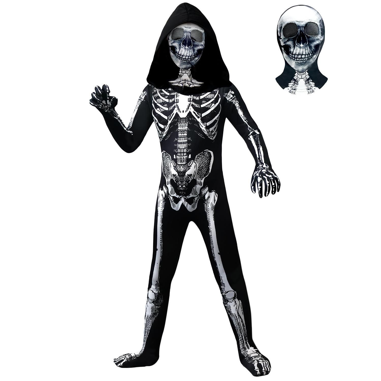 Disfraz de esqueleto de Halloween para niños, disfraz de esqueleto con capucha, huesos con máscara para niños y niñas, disfraz de cosplay de Halloween