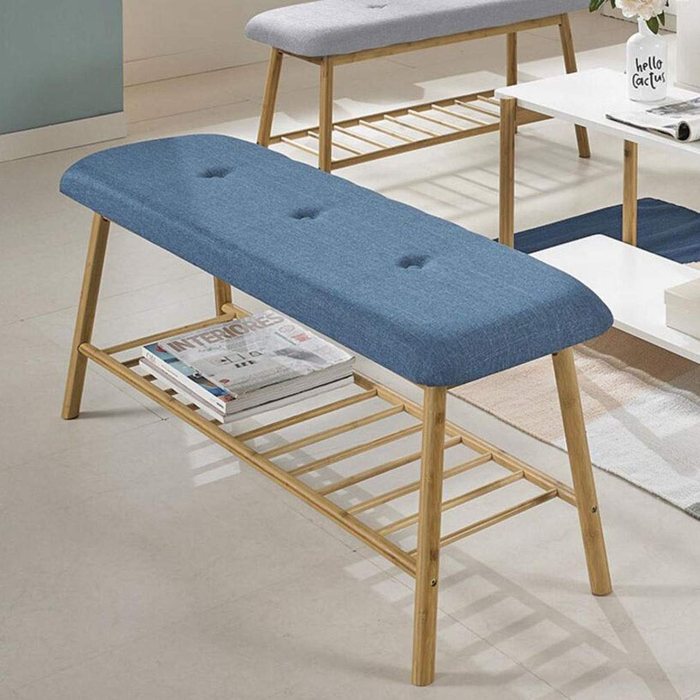 Banc de rangement pour couloir encombré avec assise bleue