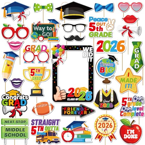 32Pcs 5th Grade Graduation Decorations Photo Booth Props 5th Grade Graduation Photo Props Class of 2026 Primary Elementary School Graduation Decorations Photo Prop Peace Out Fifth Grade Props