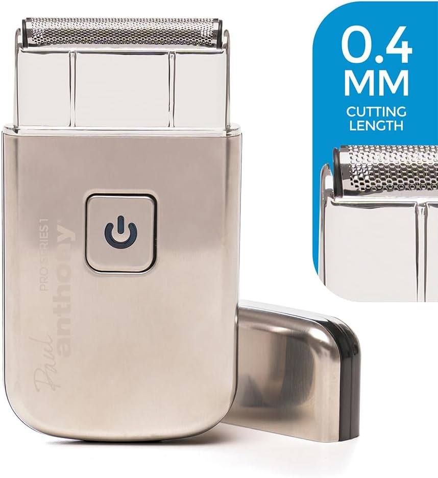 Paul Anthony Pro Series 1 H5002 Mobile Shaver with its cap off, showing the foil and the power button.